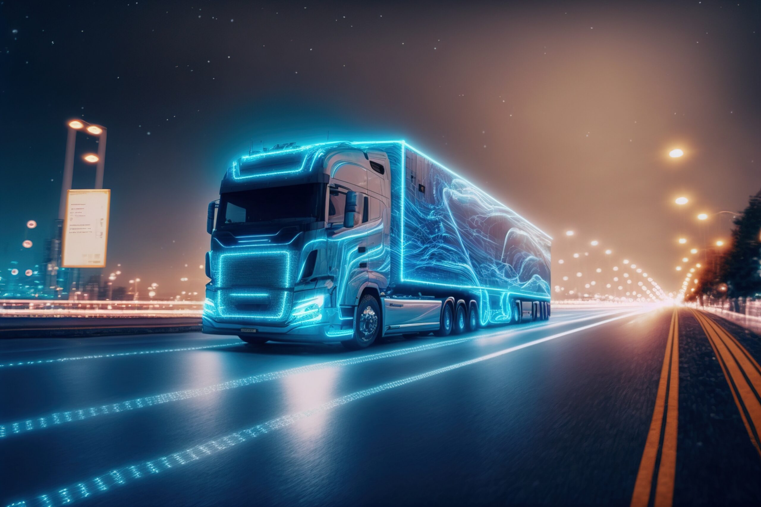 Proteção Veicular Caminhão - self driving futuristic freight truck deliver goods warehouse city highway scaled