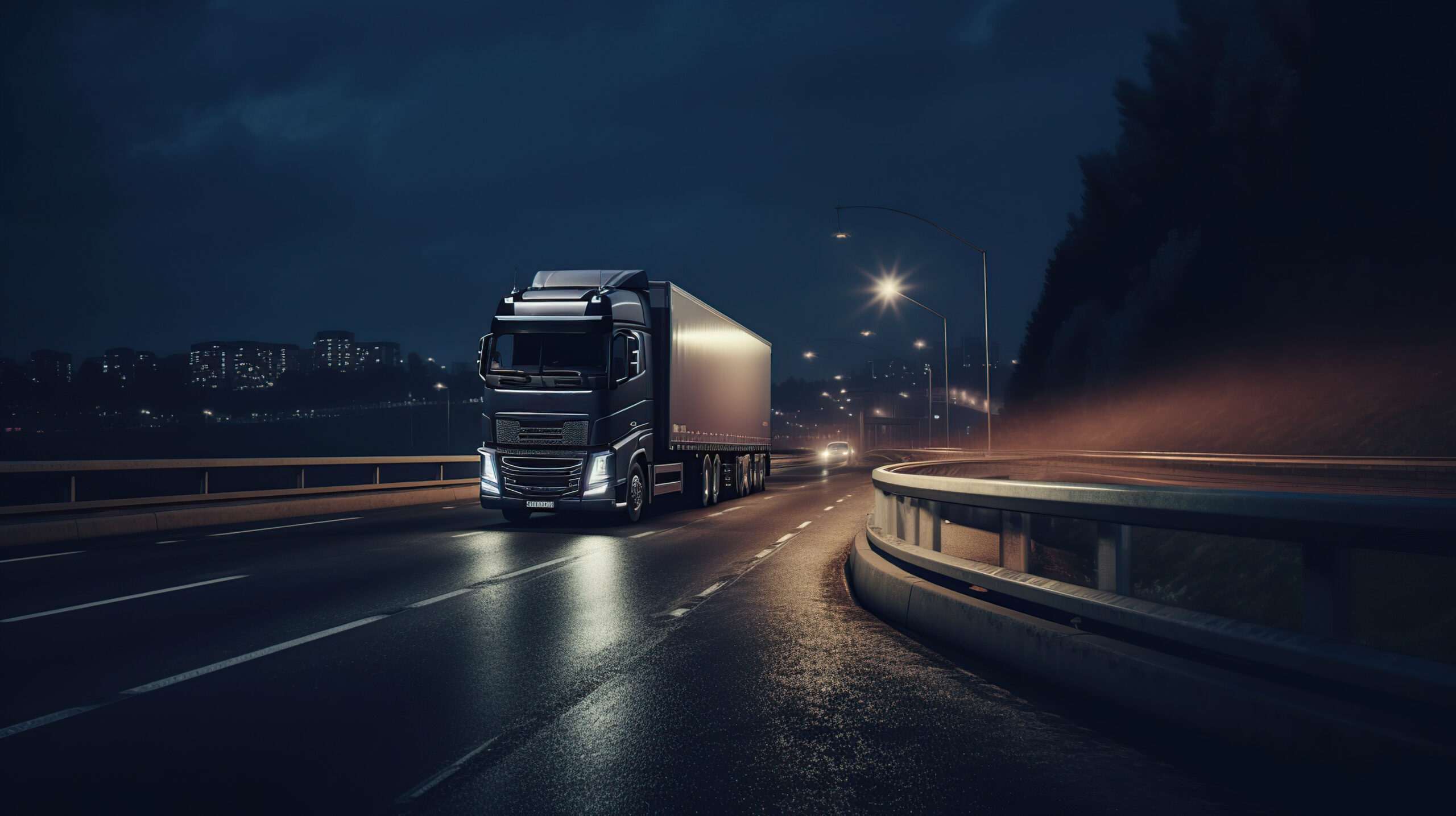 Proteção Veicular Caminhão - truck with trailer is going down road night delivery goods by road scaled