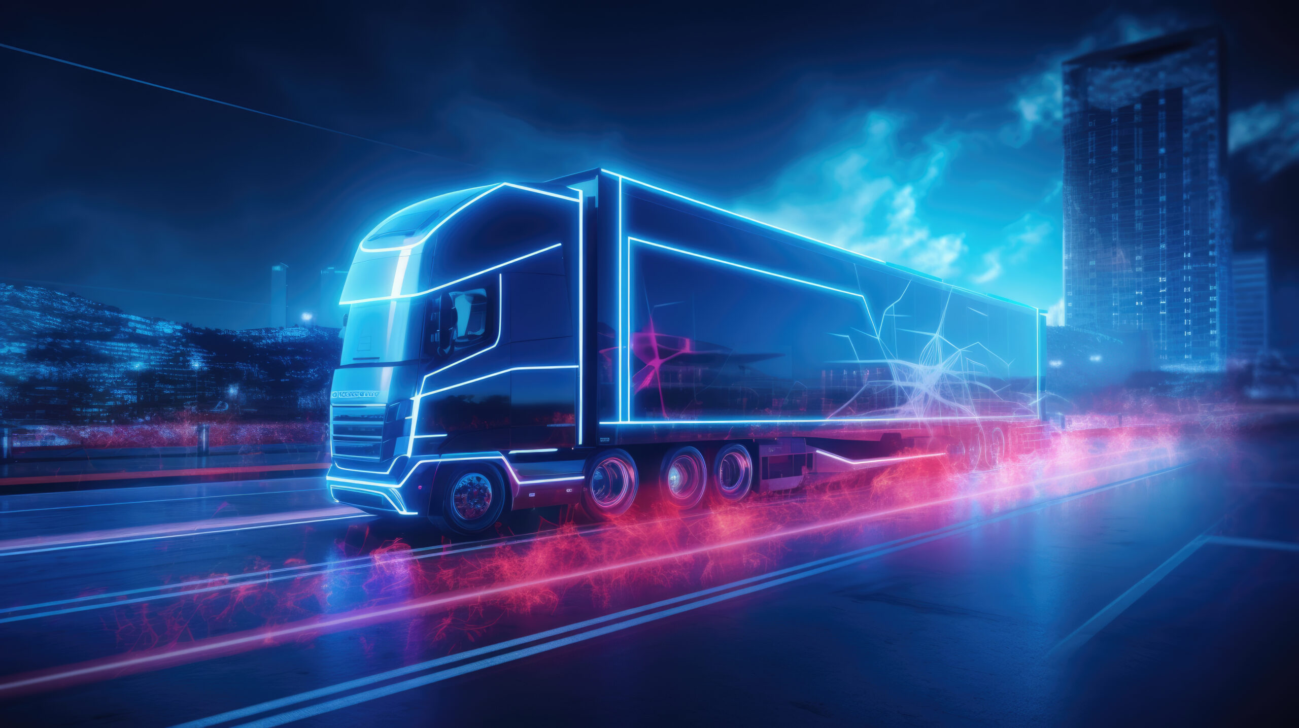 Proteção Veicular Caminhão - futuristic truck with neon lights night roadcreated with generative ai technology scaled